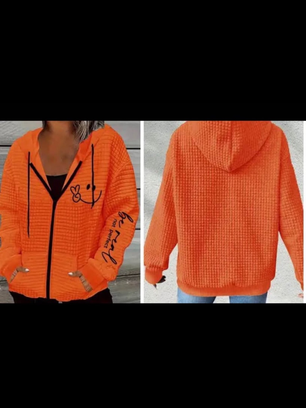 Orange Waffle Knit Zip-Up Hoodie
